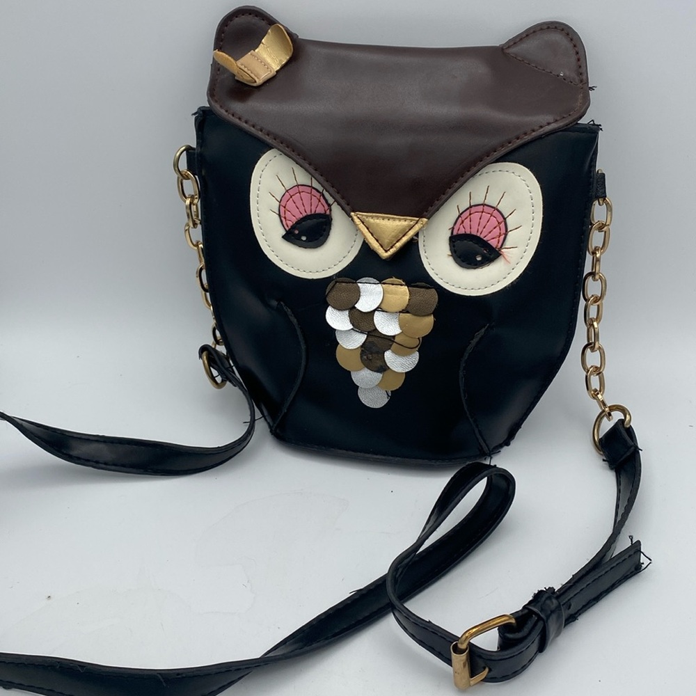 Monsoon Accessories Owl Woot! Faux leather crossbody purse bag black/brown